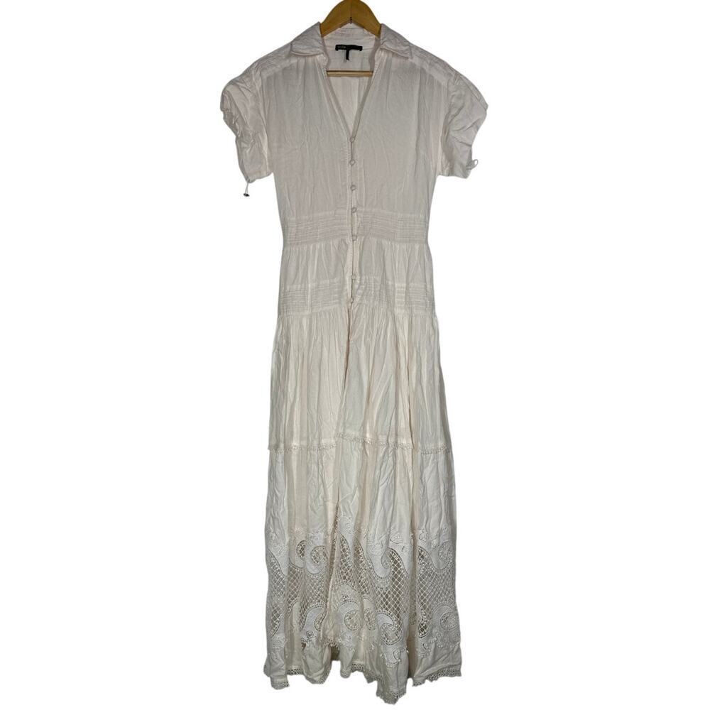 Maje Dress Embroidered Lace Button Front Ruffled Tiered Maxi A-Line White 38 - Picture 4 of 12